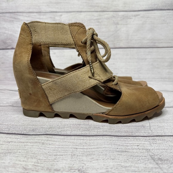 Sorel‎ Lace Up Wedge Sandals Cutout Leather Ankle Strap Neutral Size 9.5 - Picture 1 of 8